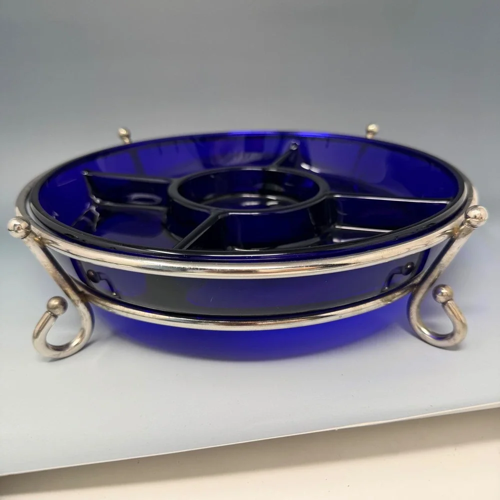 Godinger Cobalt Blue Glass Relish Dish Silver Plate Footed Caddy Made in France